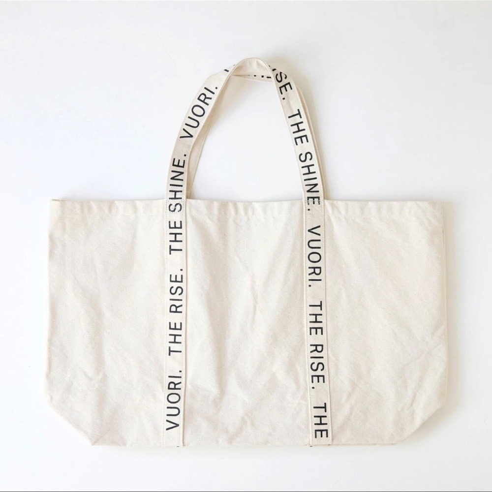 Vuori Cream Canvas Tote Bag The Rise The Shine Graphic Logo Strap Large Shopper